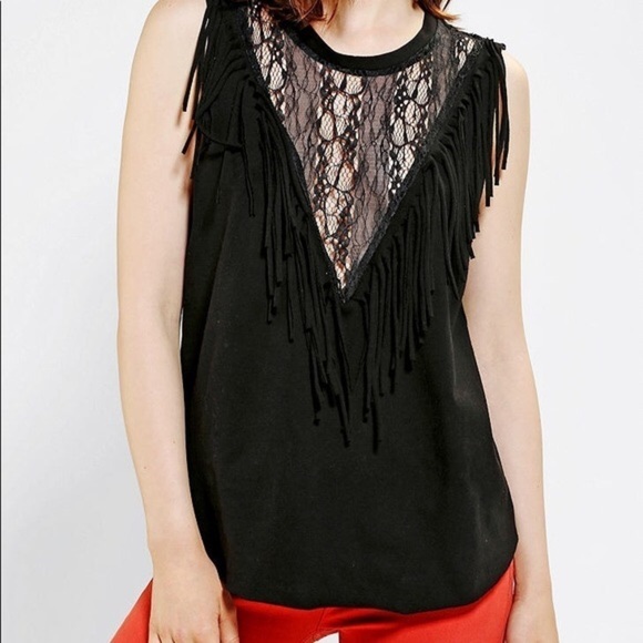 Urban Renewal + UO Black Fringed Lacey V-Neck Top - Picture 1 of 6